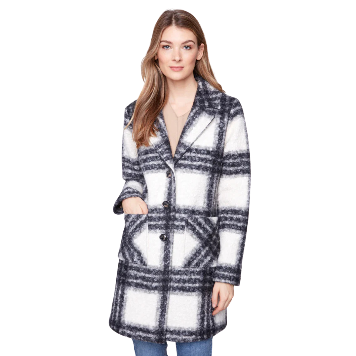 Charlie B Veste Plaid Boucle Knit Tailored Collar Coat - Femme