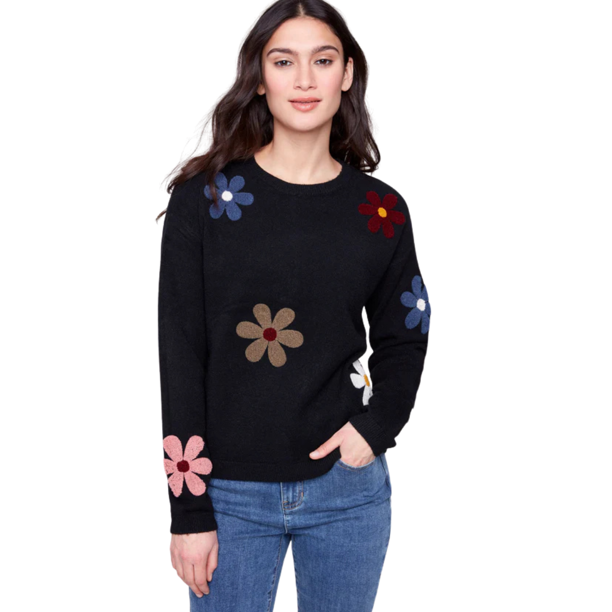 c2829
Charlie B Chandail Super Plush Sweater with Boucle Flowers - Femme - NOIR