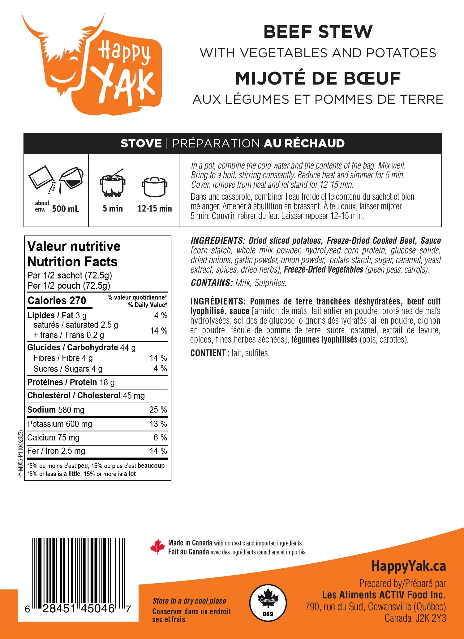 Happy Yak Mijoté Boeuf Aux Légumes Et Pommes De Terre 1 Portion