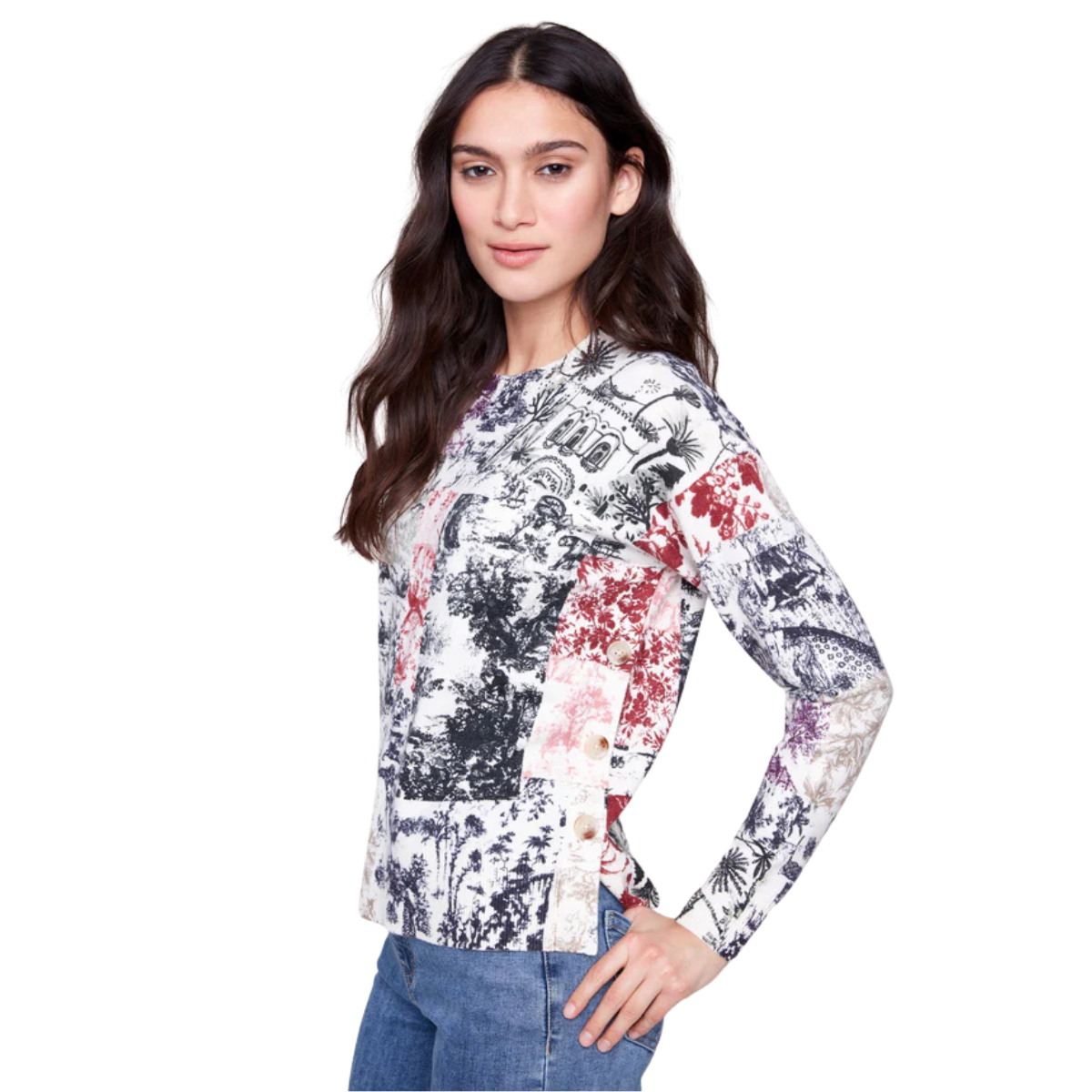 c2668pr

Charlie B Chandail Printed Sweater with Side Buttons - Femme - CADRE