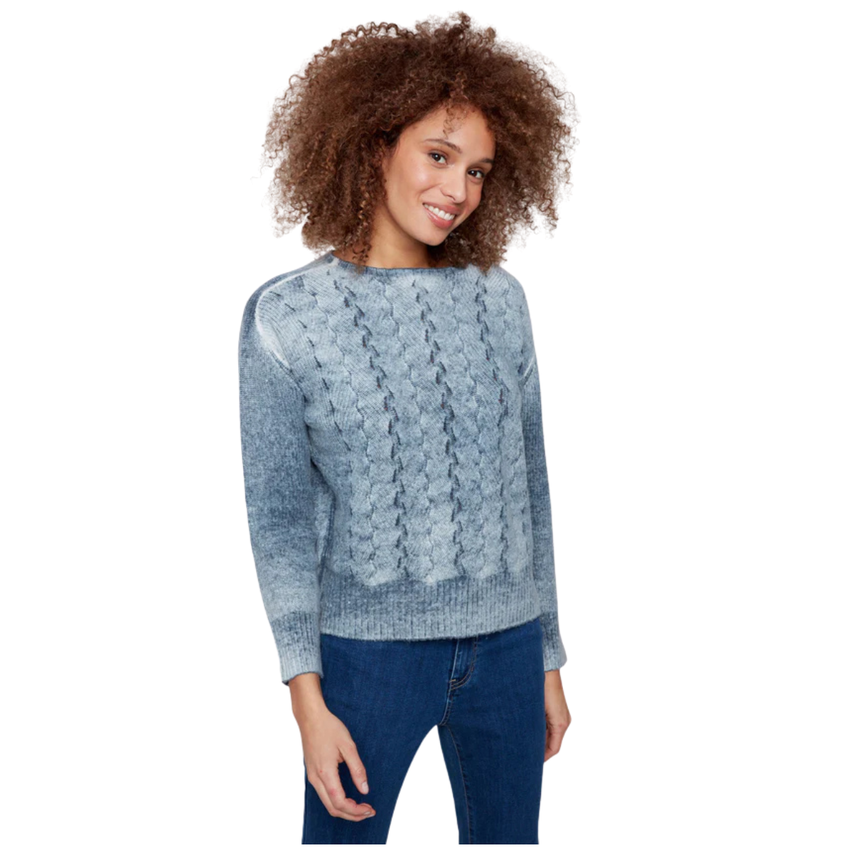 c2920

Charlie B Chandail Crew Neck Sweater with Front Body in Fancy Stitch - DENIM