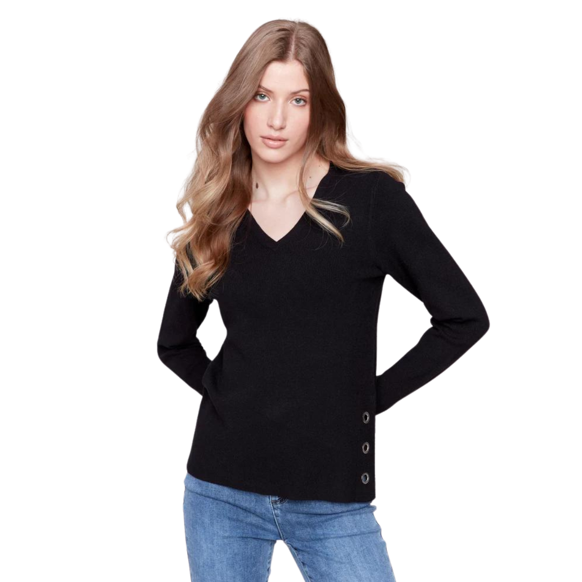 c2569r  Charlie B Chandail À Manches Longues Plushy Kint V-Neck - Femme - BLACK